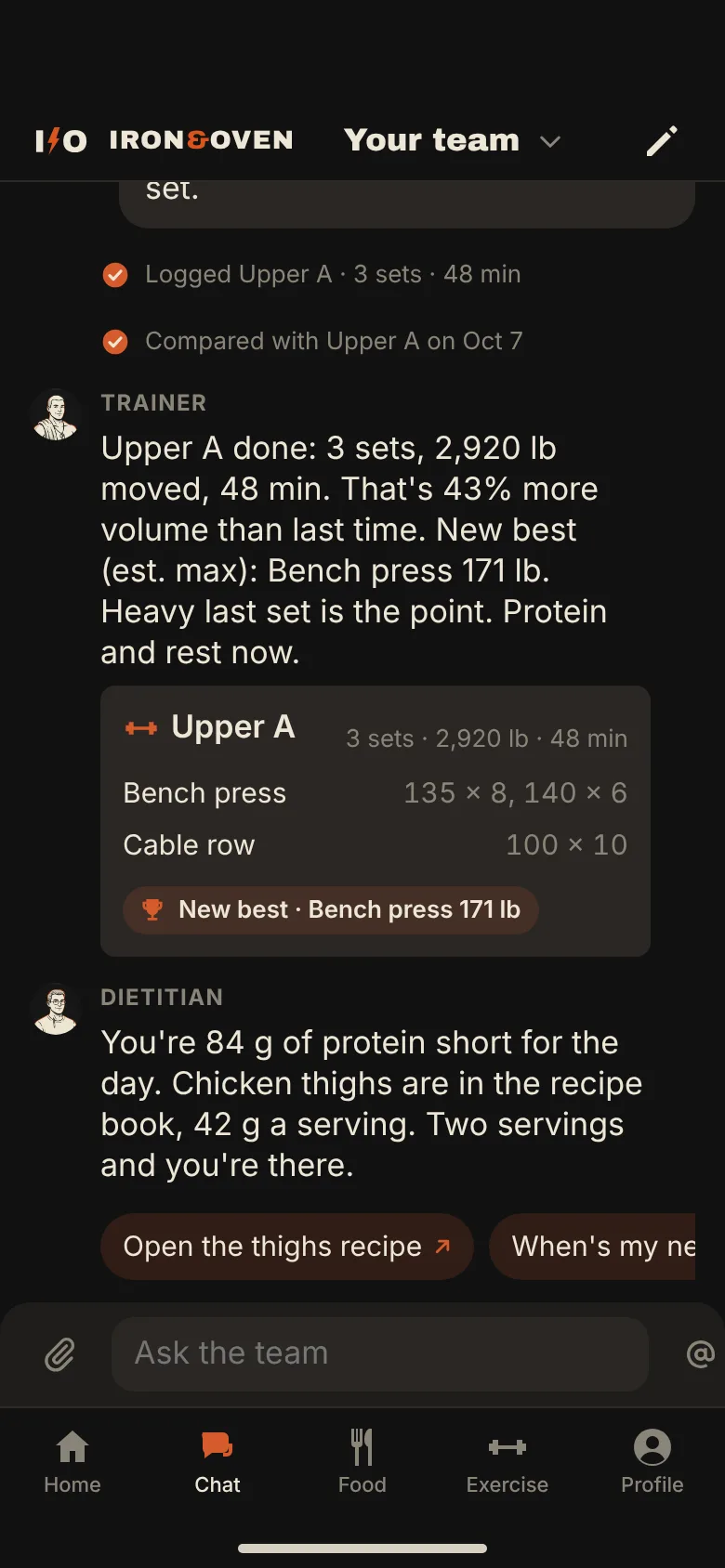 The team chat: the Trainer's recap of Upper A with a new best, and the Dietitian's protein note