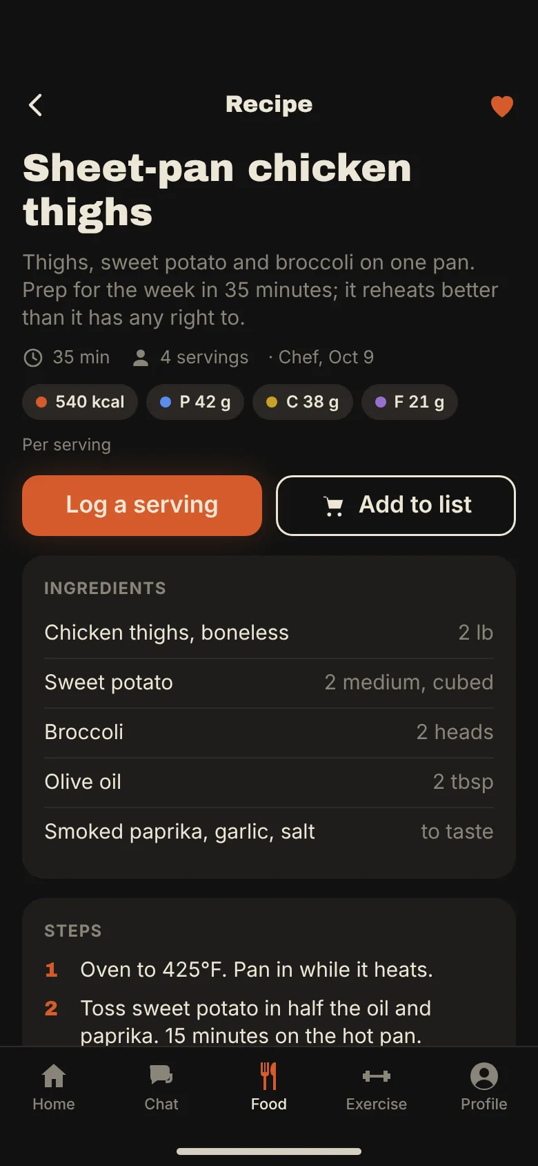 A recipe built to your macros: sheet-pan chicken thighs, 540 kcal a serving